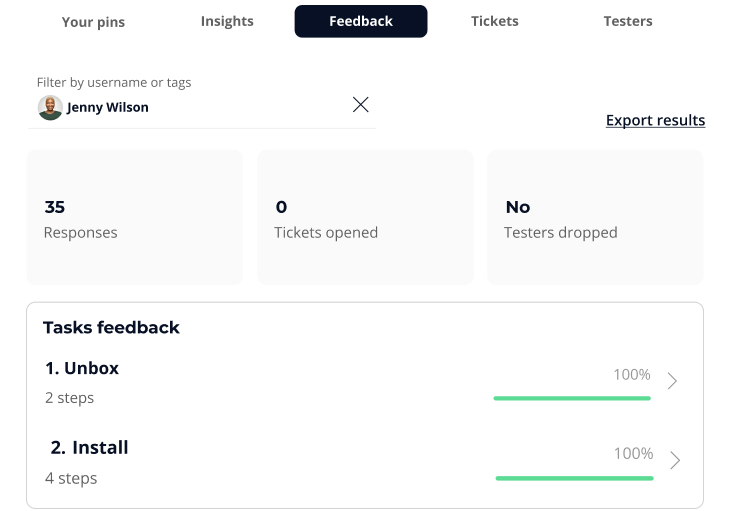 Stomio - feedback Within the Feedback section, organized feedback from your testers is presented.