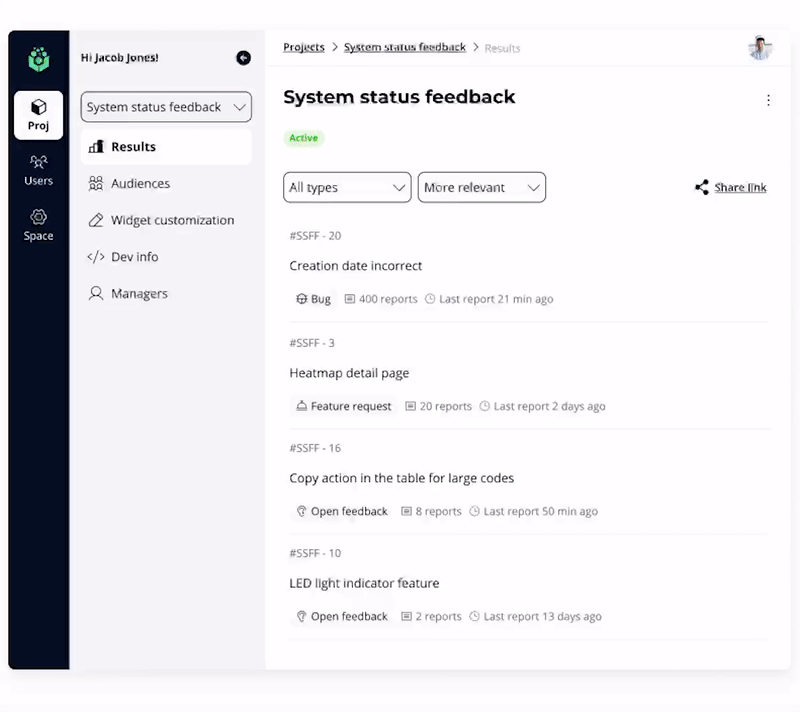 Don’t waste hours sniffing through thousands of feature requests. We categorize feedback by topic for you to identify the trends. Then, you can dive deeper into the feedback.