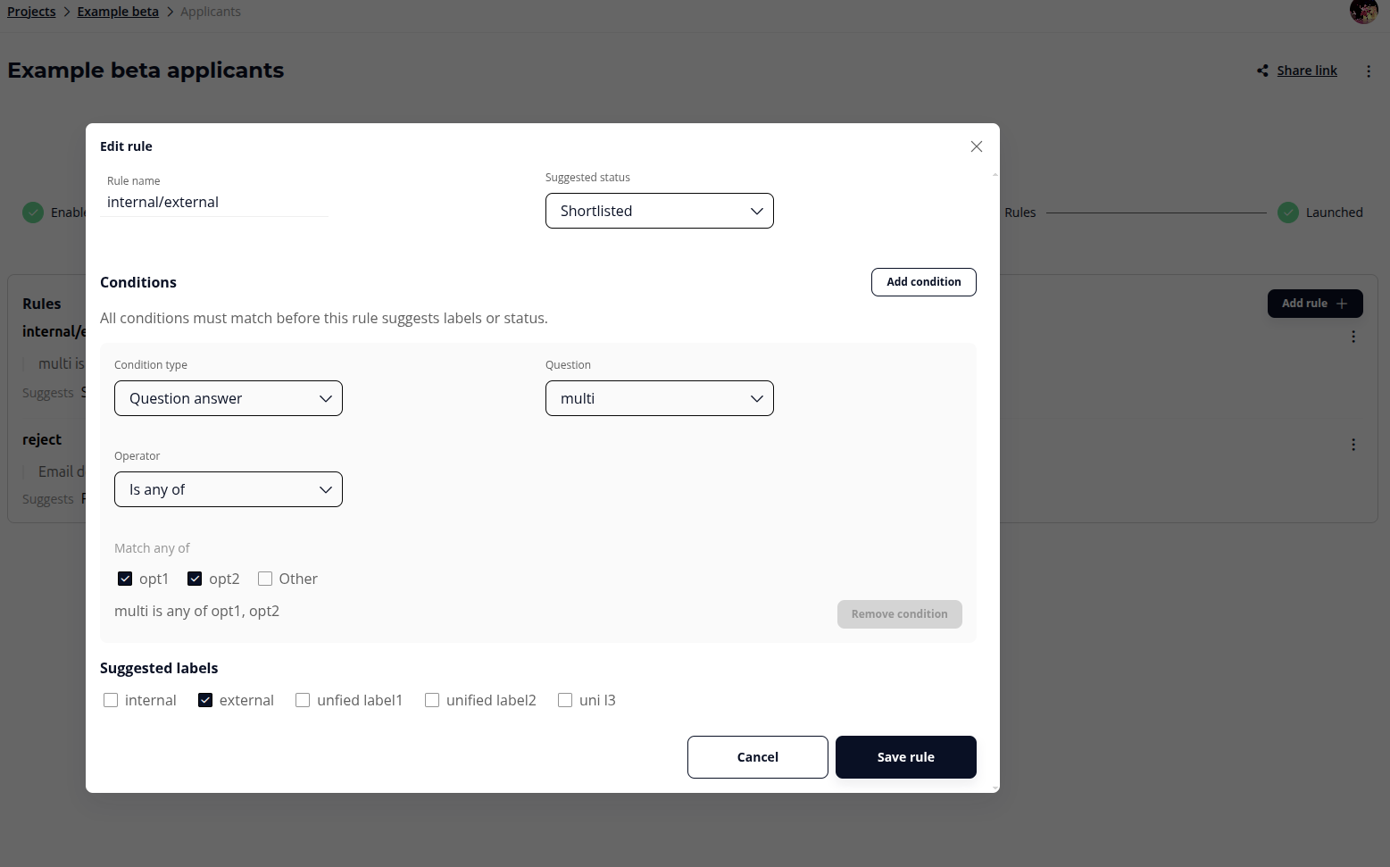 the rule editor showing a condition, a suggested status, and suggested labels
