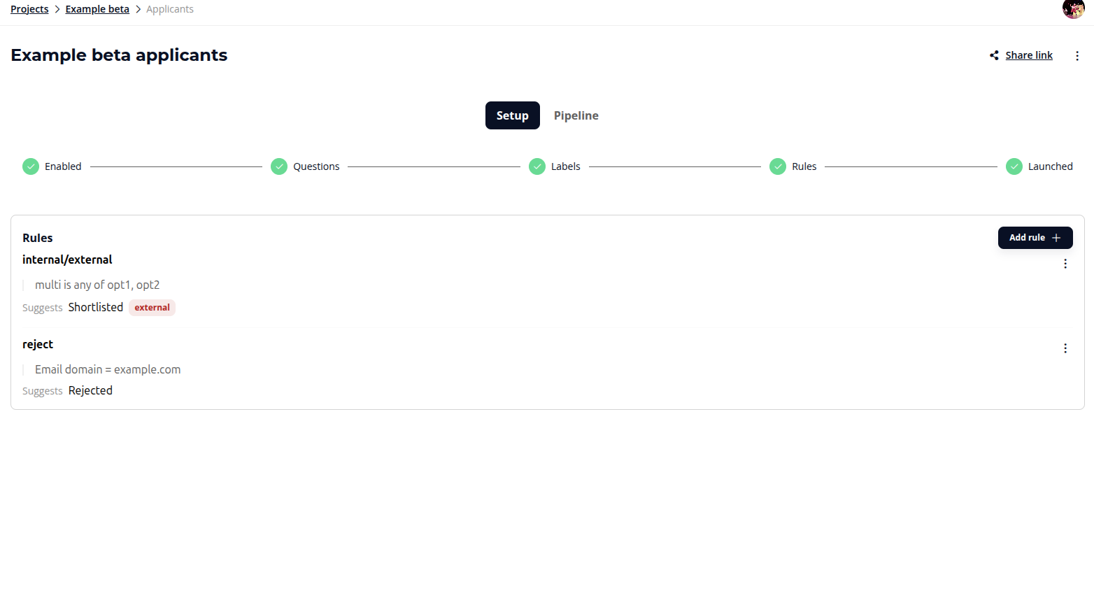 the screening setup checklist with its Enabled, Questions, Labels, Rules, and Launched steps