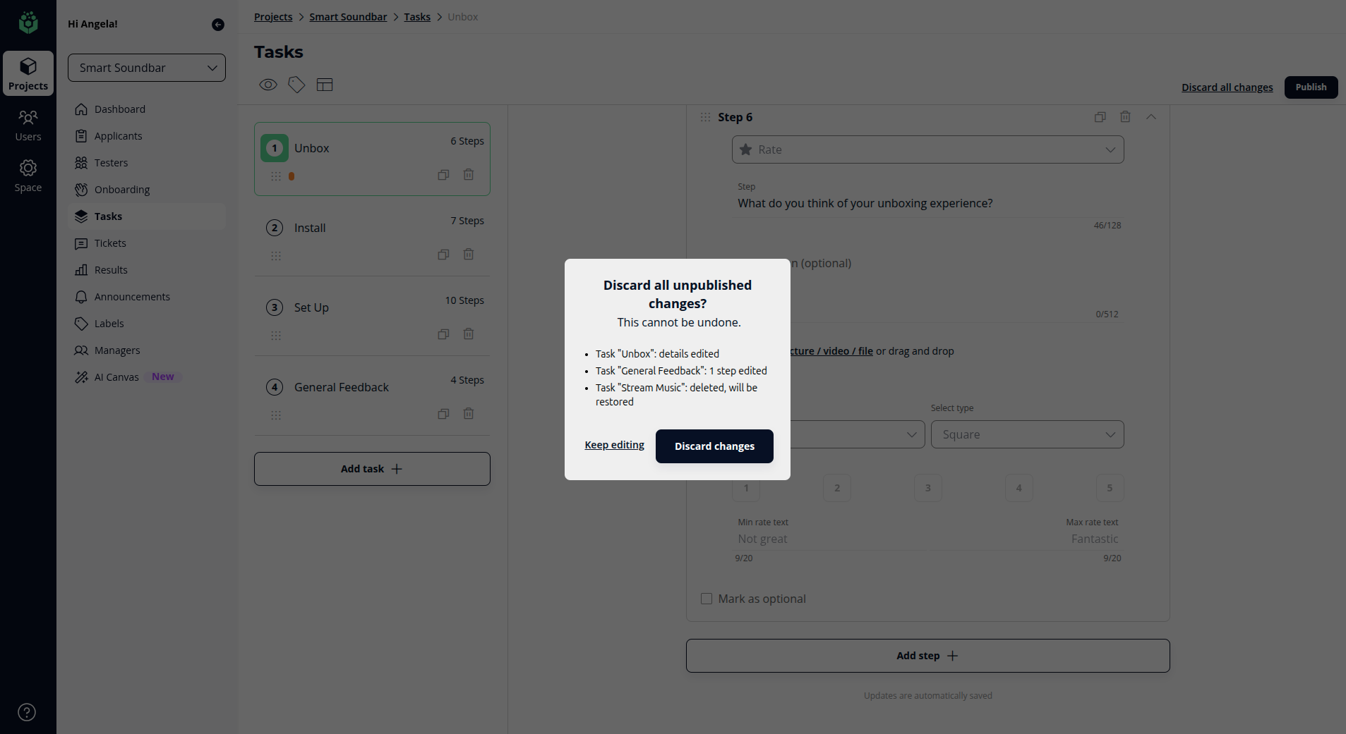 The discard confirmation listing every unpublished change in the beta