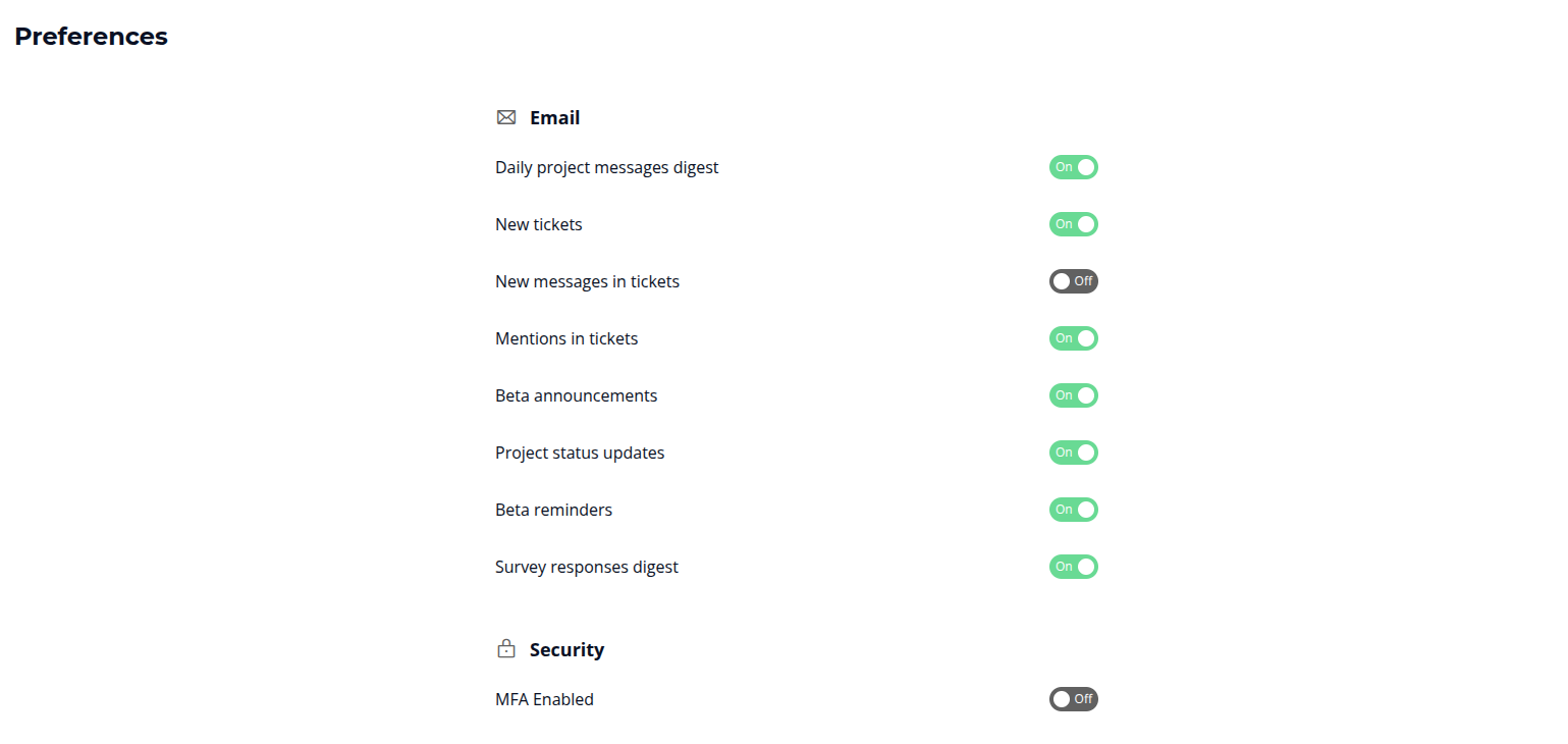 The Email section of the Preferences page, with a switch for each type of email