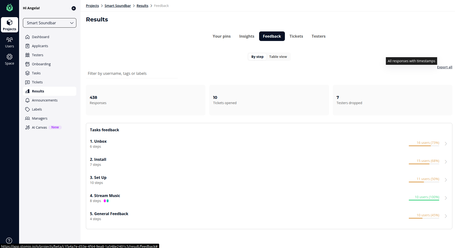 The results page with the Export all action