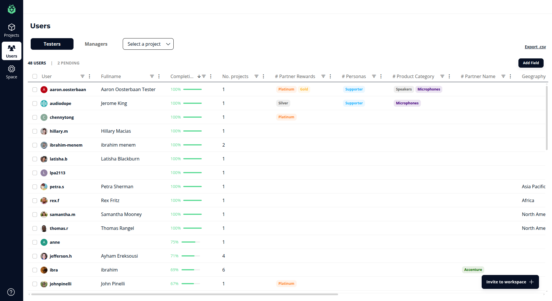 The users page with the Export .csv action