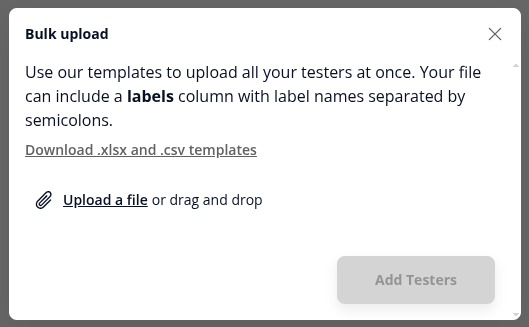 The Bulk upload dialog with the template download link and the file drop area