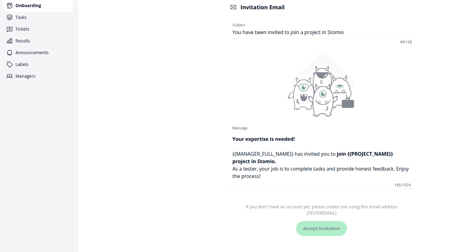 The Onboarding page showing the invitation email subject and rich text message with variables