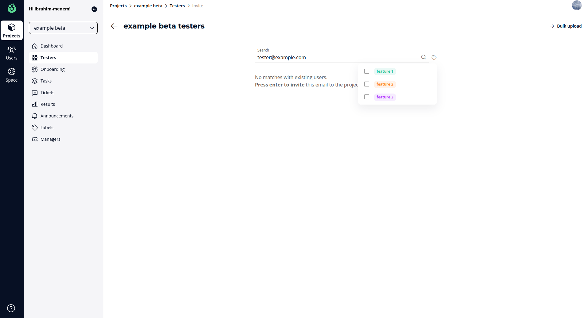 Adding a tester by email to a beta, with the option to assign labels