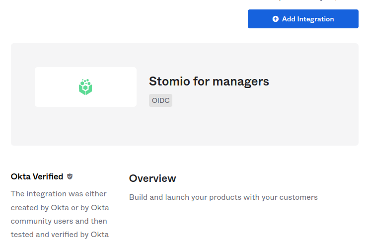 Okta Add Integration screen for Stomio for managers