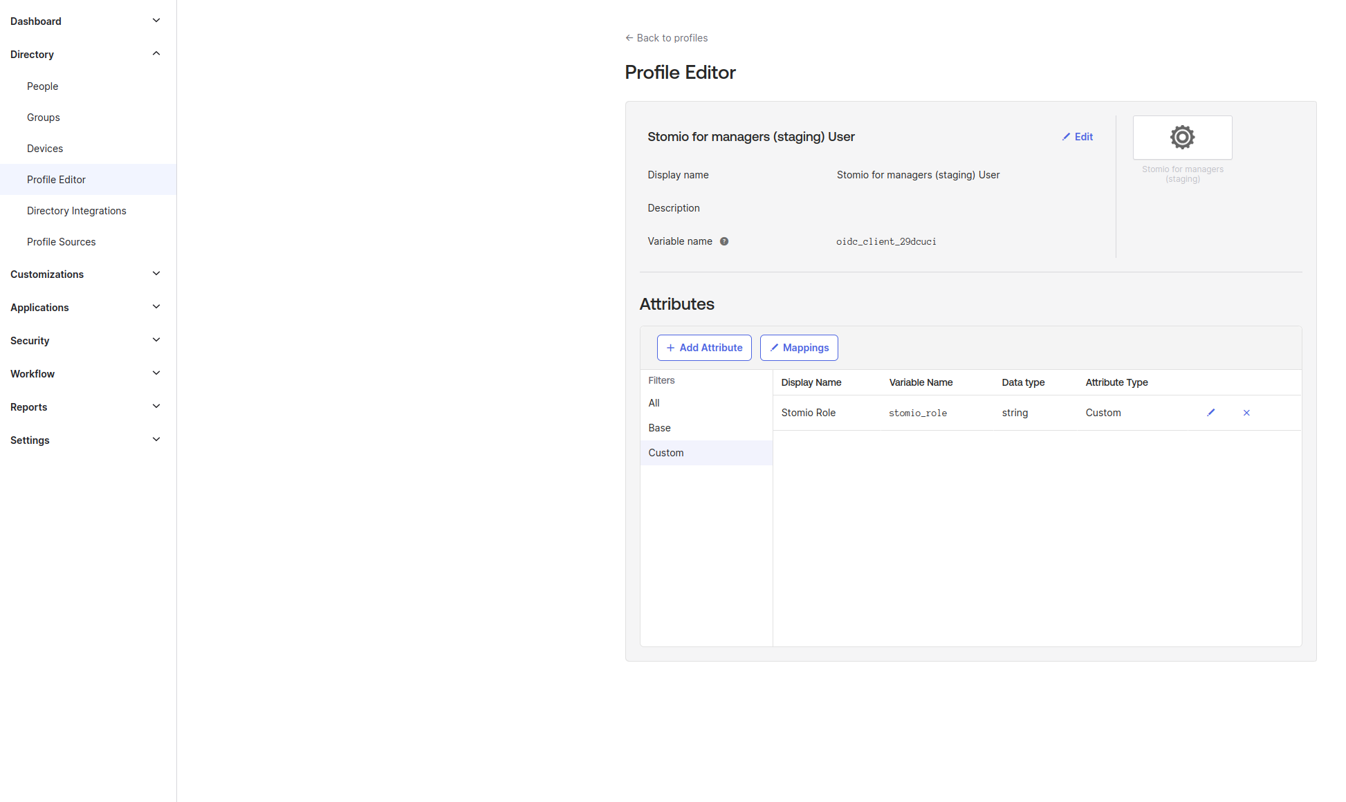 Okta Profile Editor showing the stomio_role custom attribute