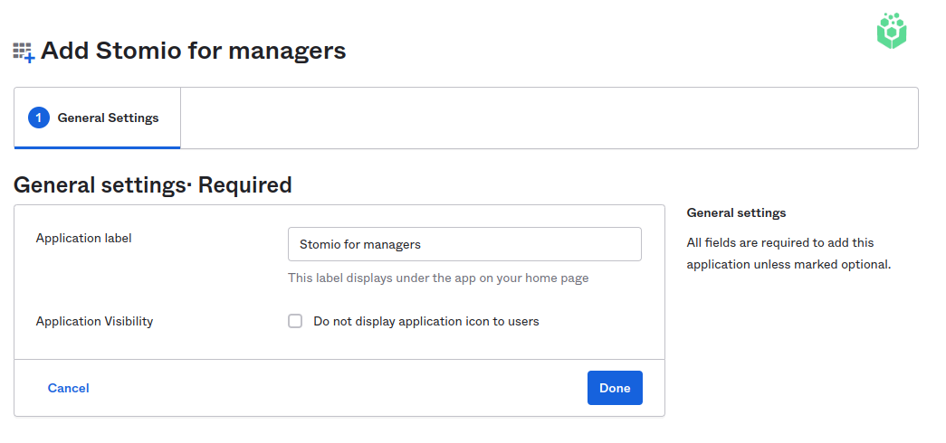 Finish adding Stomio for managers in Okta