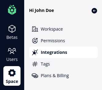 Stomio Space menu showing Integrations