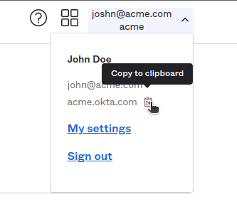 Copy the Okta organization URL from the profile menu