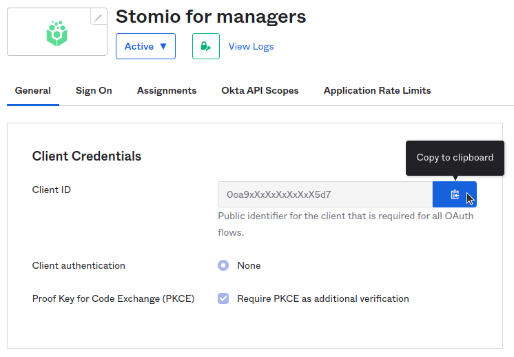Copy the client ID from the Okta Stomio for managers app