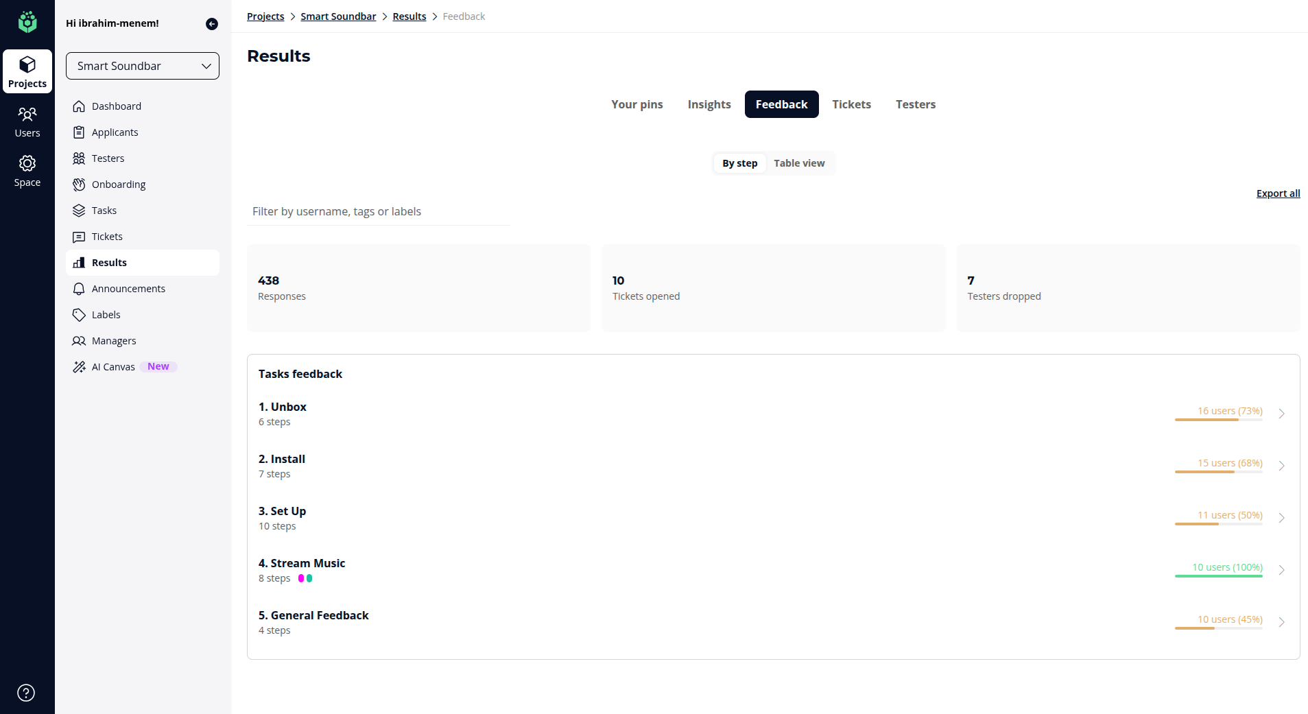 The By step view listing tasks with per-task completion