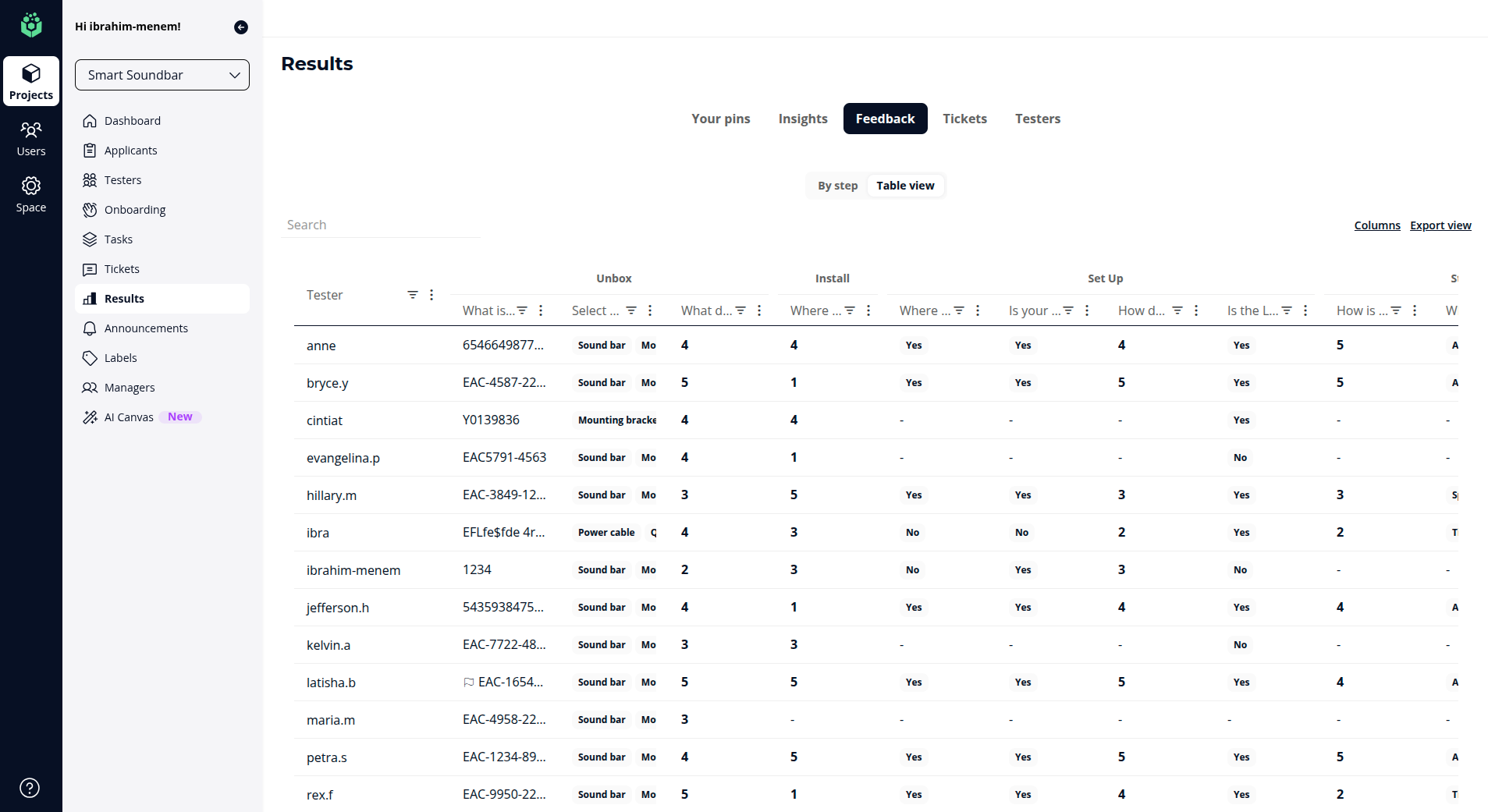 The table view with one row per participant and columns grouped by task