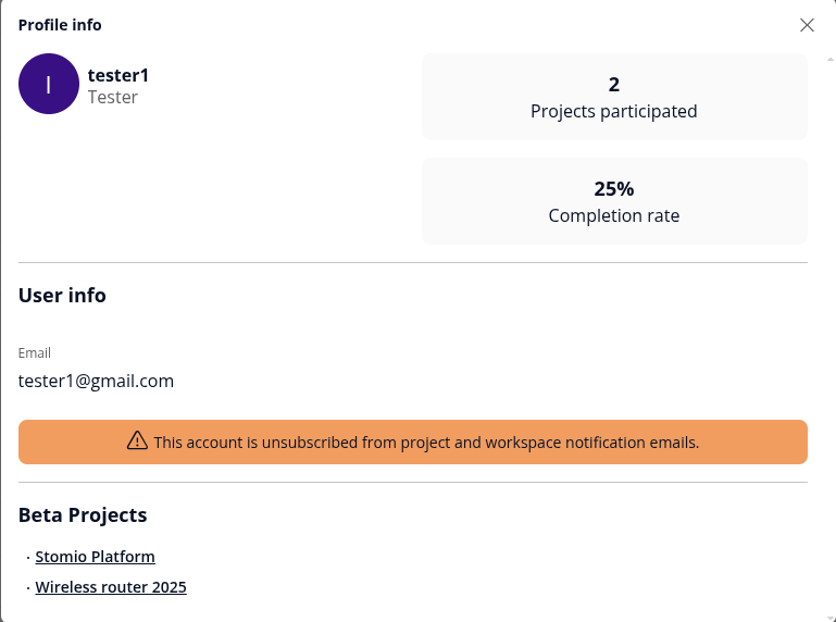 A tester's Profile info panel showing a warning banner that the account is unsubscribed from project and workspace notification emails
