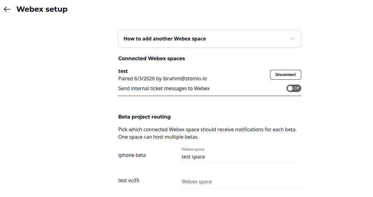 Beta project routing section on the Webex setup page