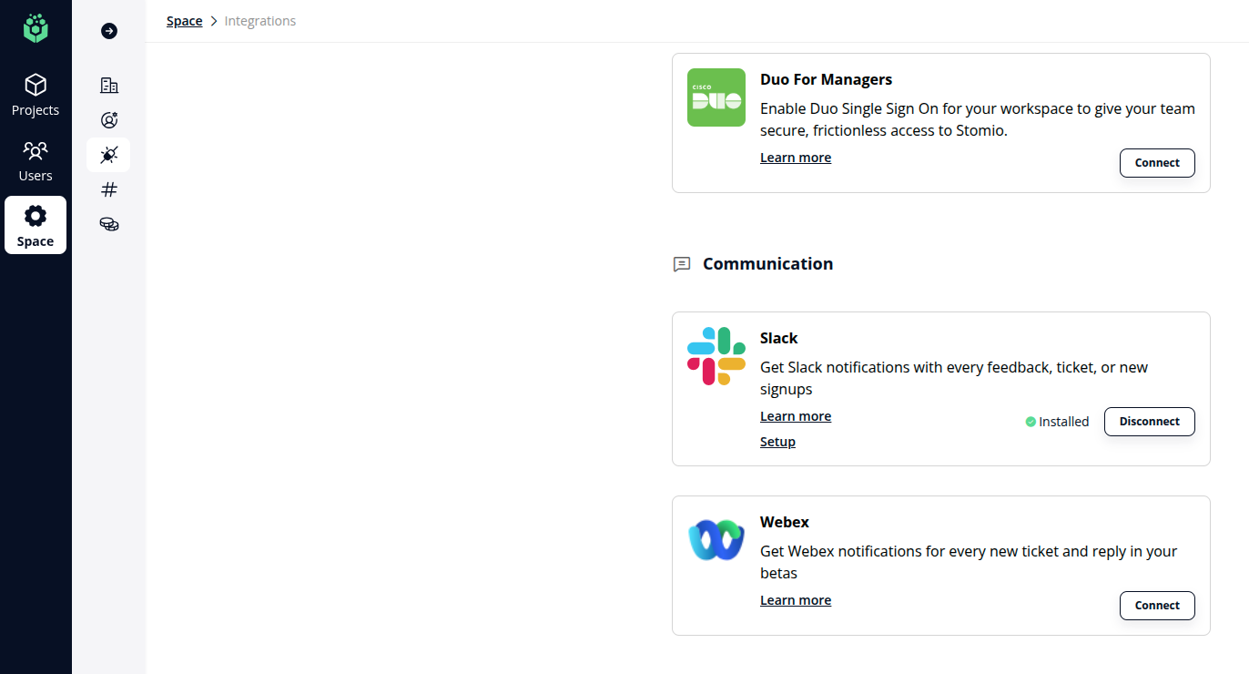 Stomio integrations list with the Webex tile and Connect button