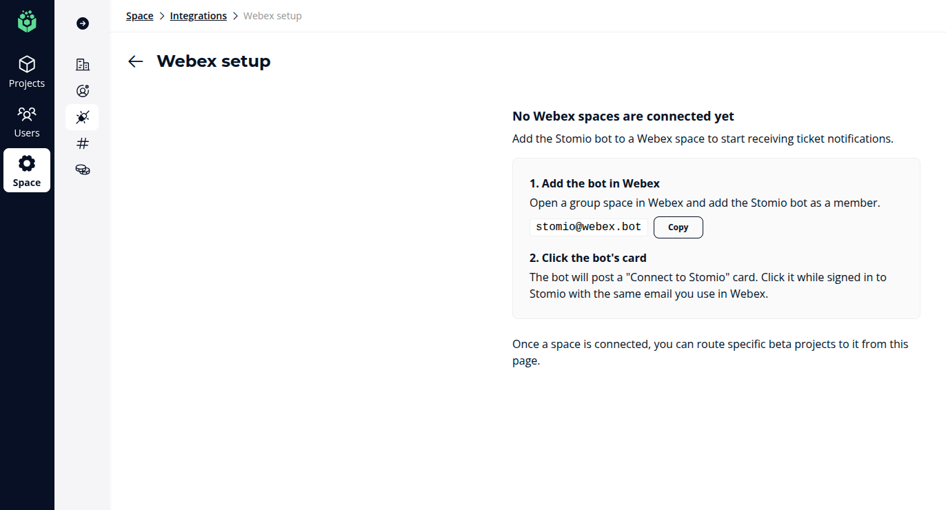 Webex setup page showing the bot username with Copy button