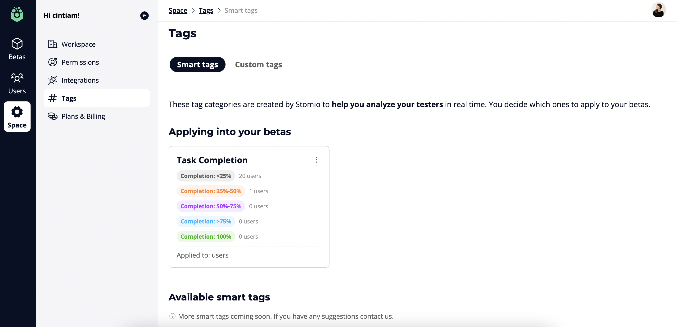 The Smart tags page, with a Task Completion category banding testers by how much of the beta they finished