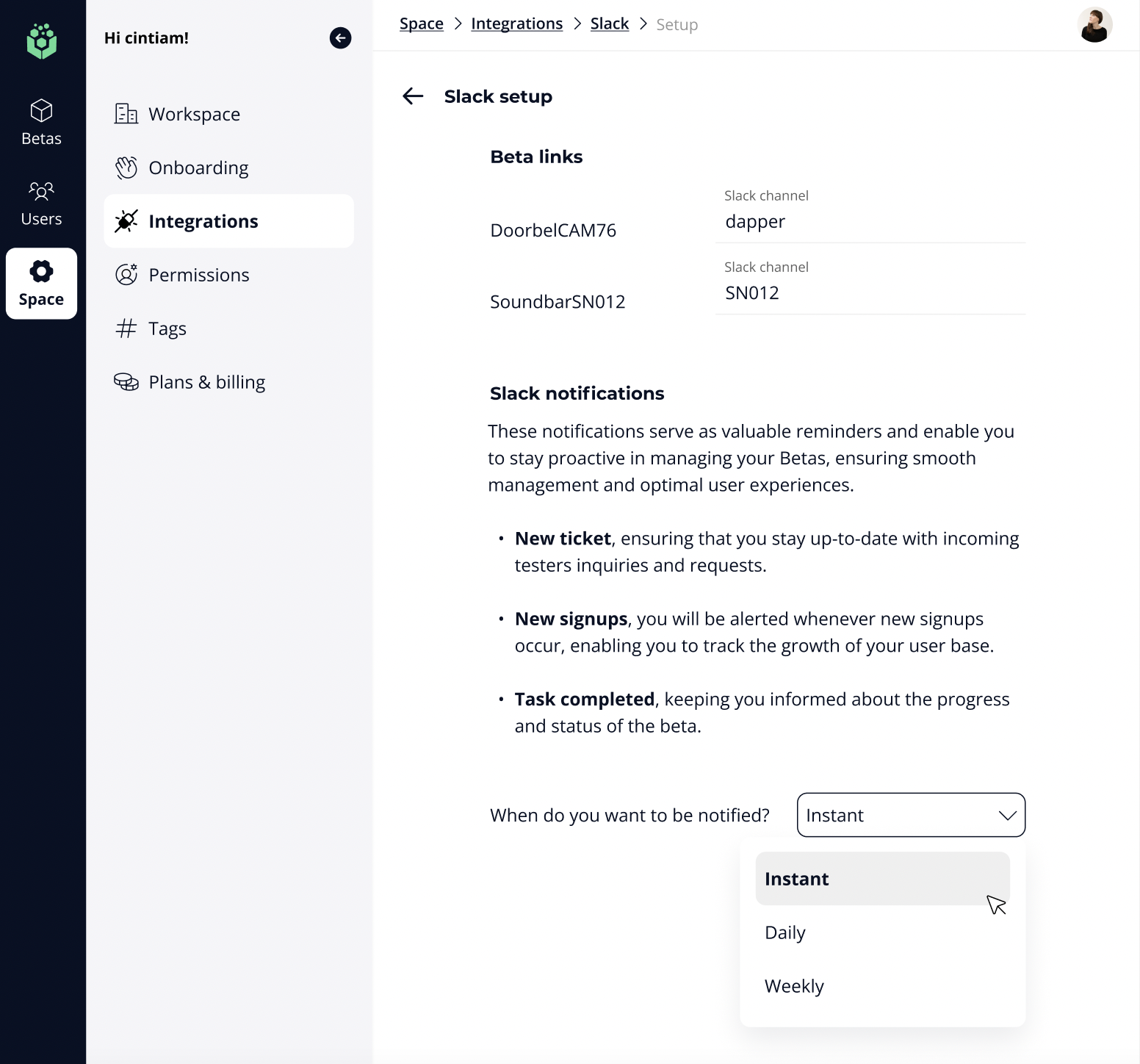 The Slack setup page, mapping each beta to a channel and choosing how often notifications go out