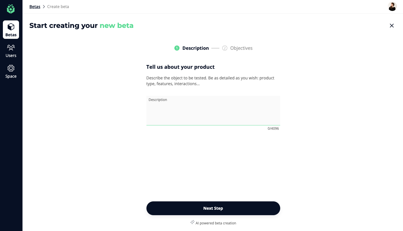 The beta creation flow, with the description field focused and ready to type in