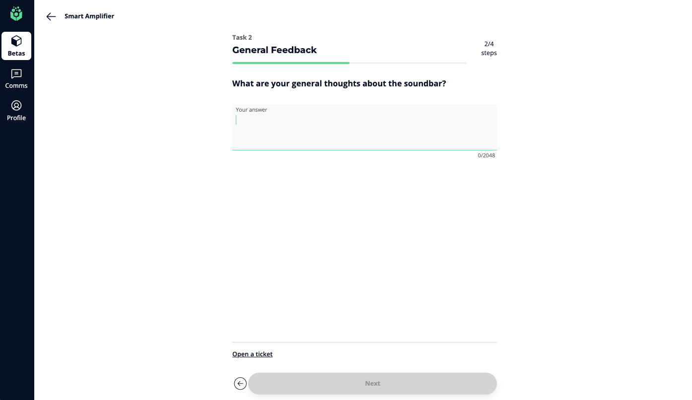 An open text step as a tester sees it, with the answer field already focused