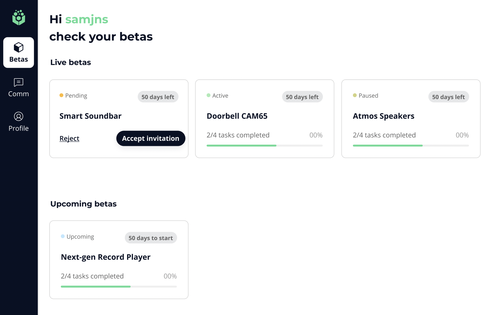 The tester's beta cards, each showing its state and how far through the tasks they are