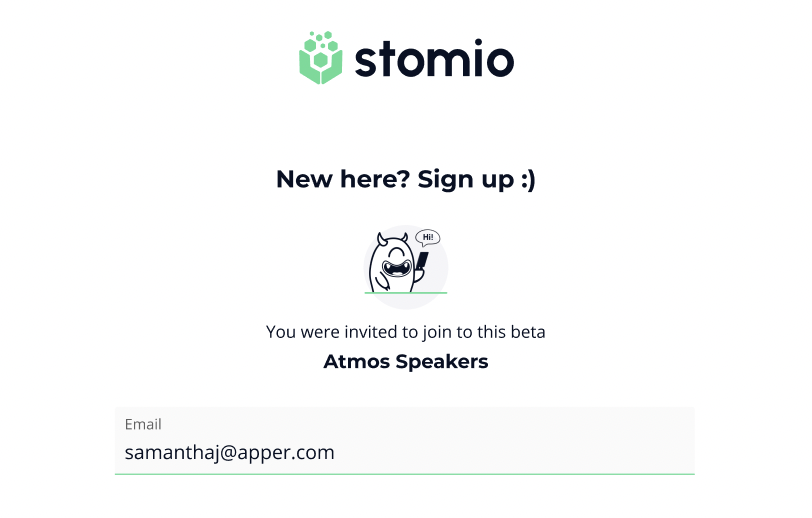 The sign up page with the tester's email already filled in from their invitation link