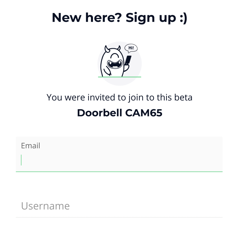 The sign up page, naming the beta the tester was invited to