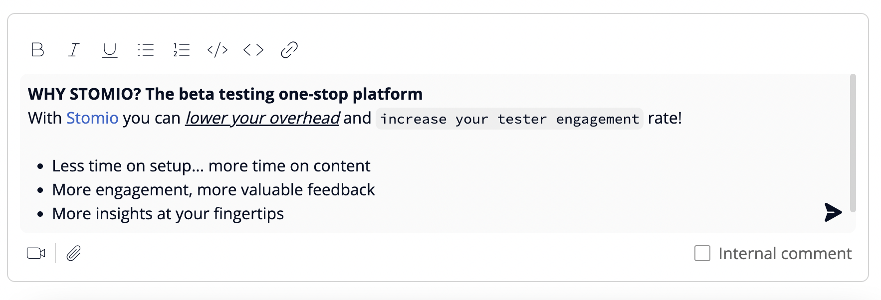 A ticket message with bold, a link, inline code and bullets applied to it