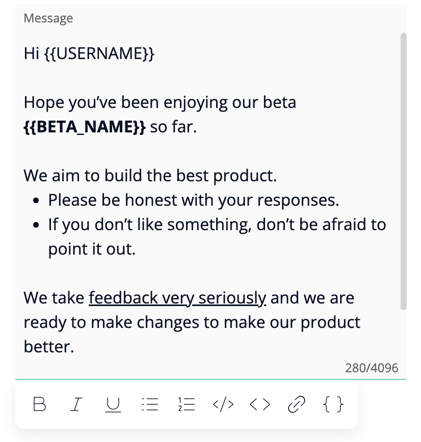 A triggered email message with bold, bullets and a link applied to it