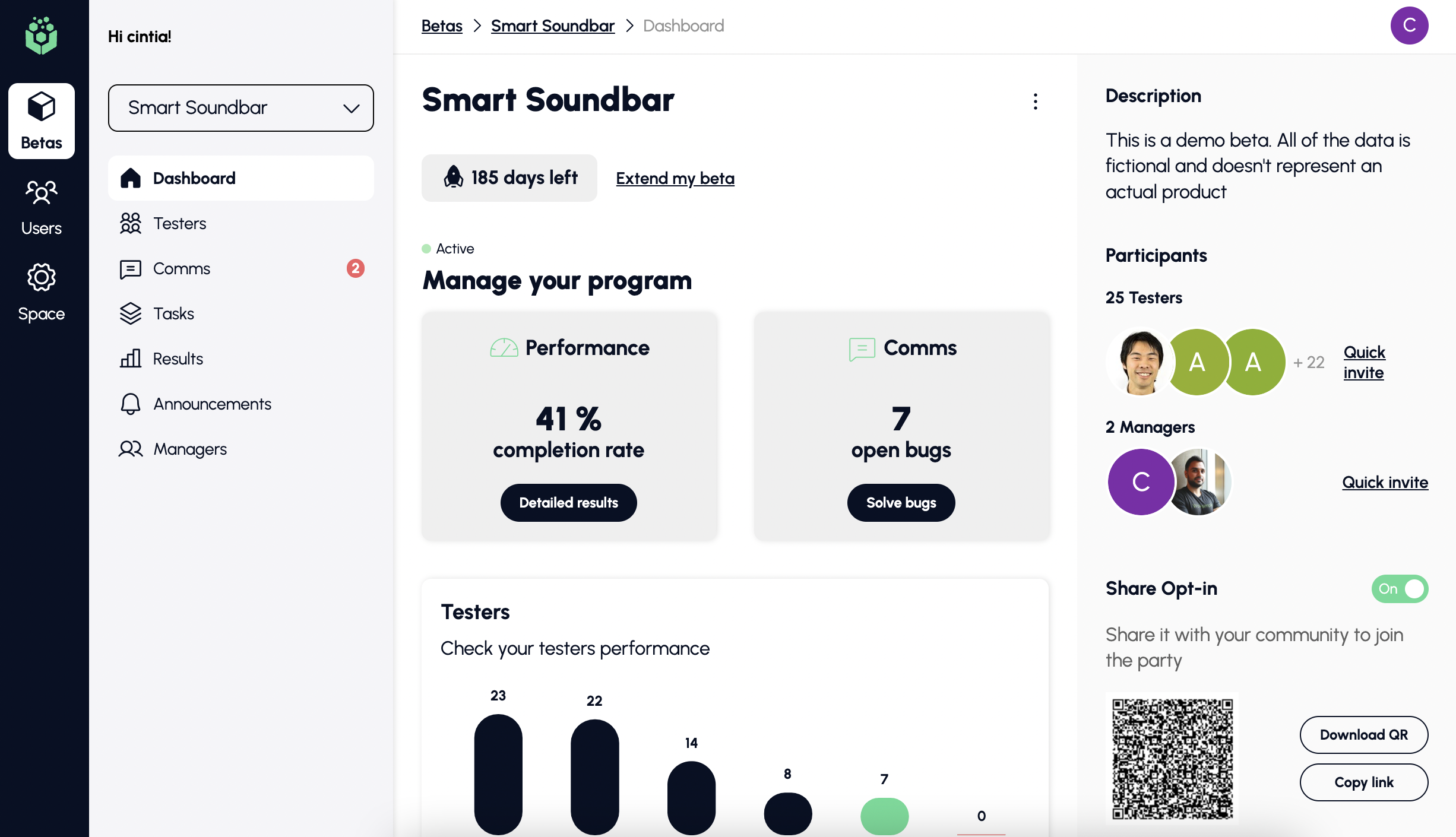 The redesigned beta dashboard, with performance and comms tiles beside the participants panel