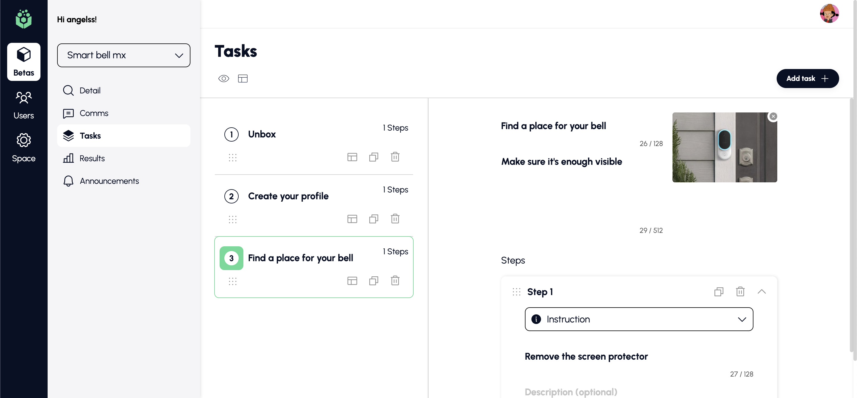 The redesigned Tasks page, with the task list beside the task you are editing