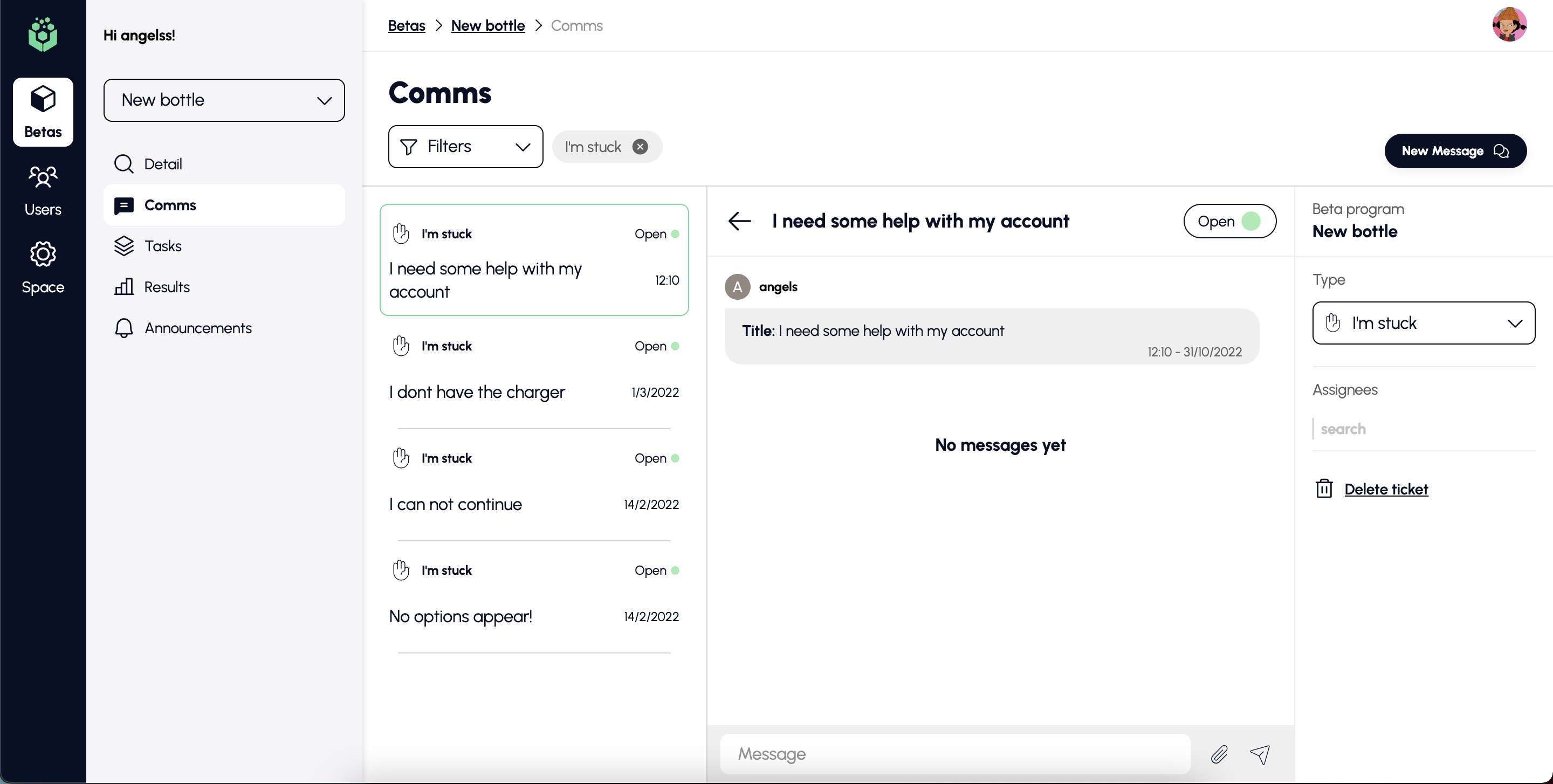 The Comms page with its filters collected behind one dropdown, applied filters shown as chips