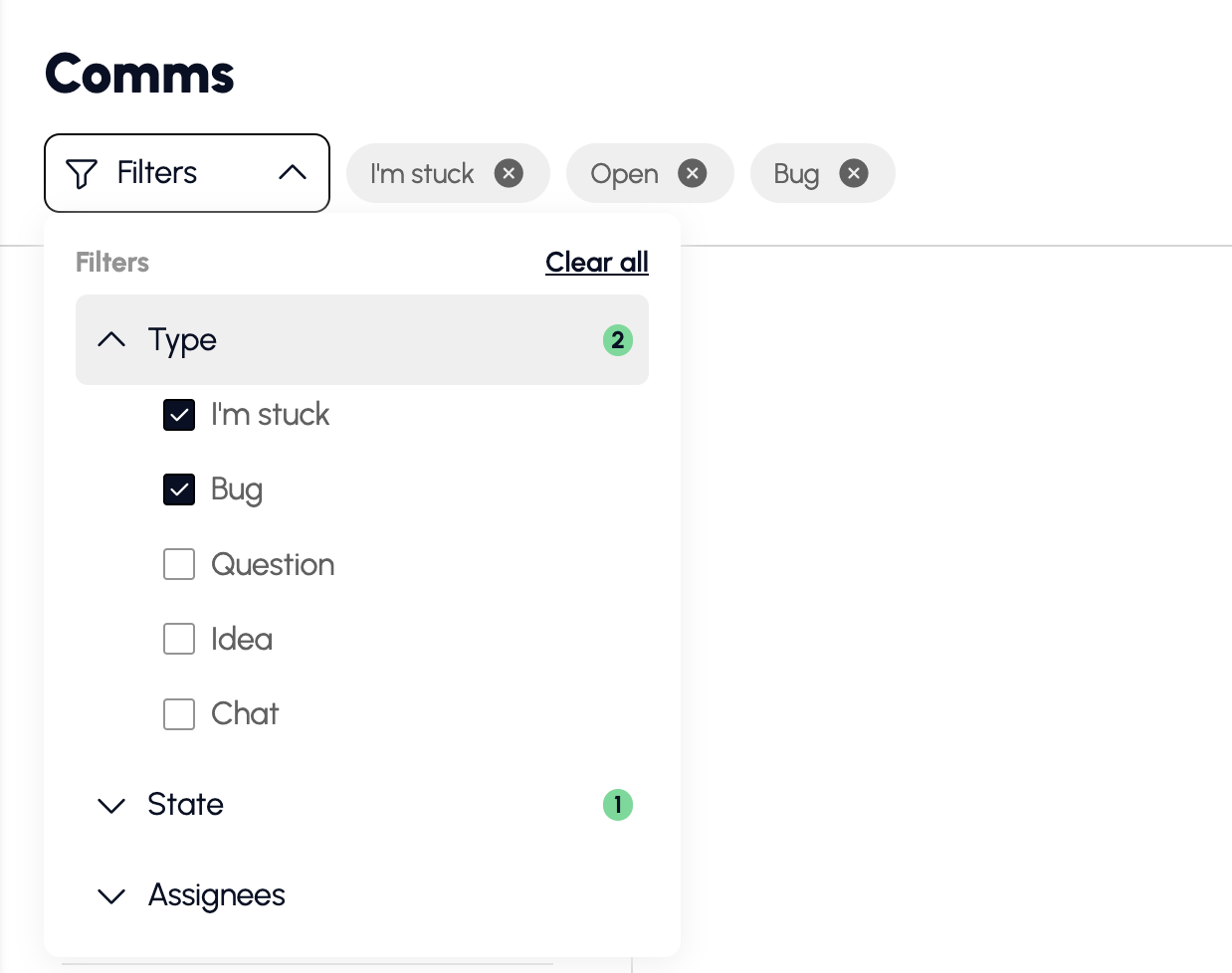 The filter dropdown, grouping ticket type, state and assignees with a count against each