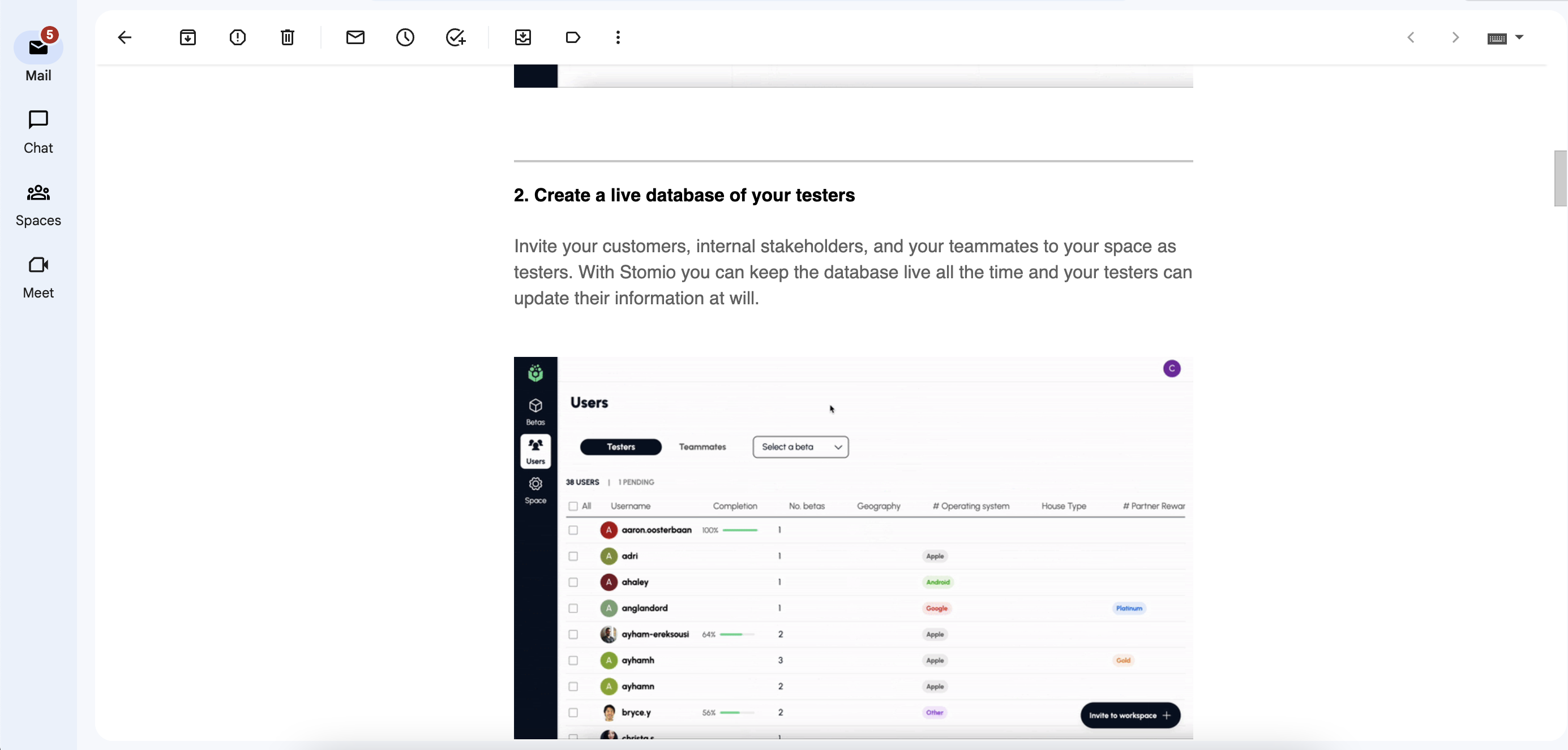 A Stomio email in an inbox, its screenshots redrawn to match the new design