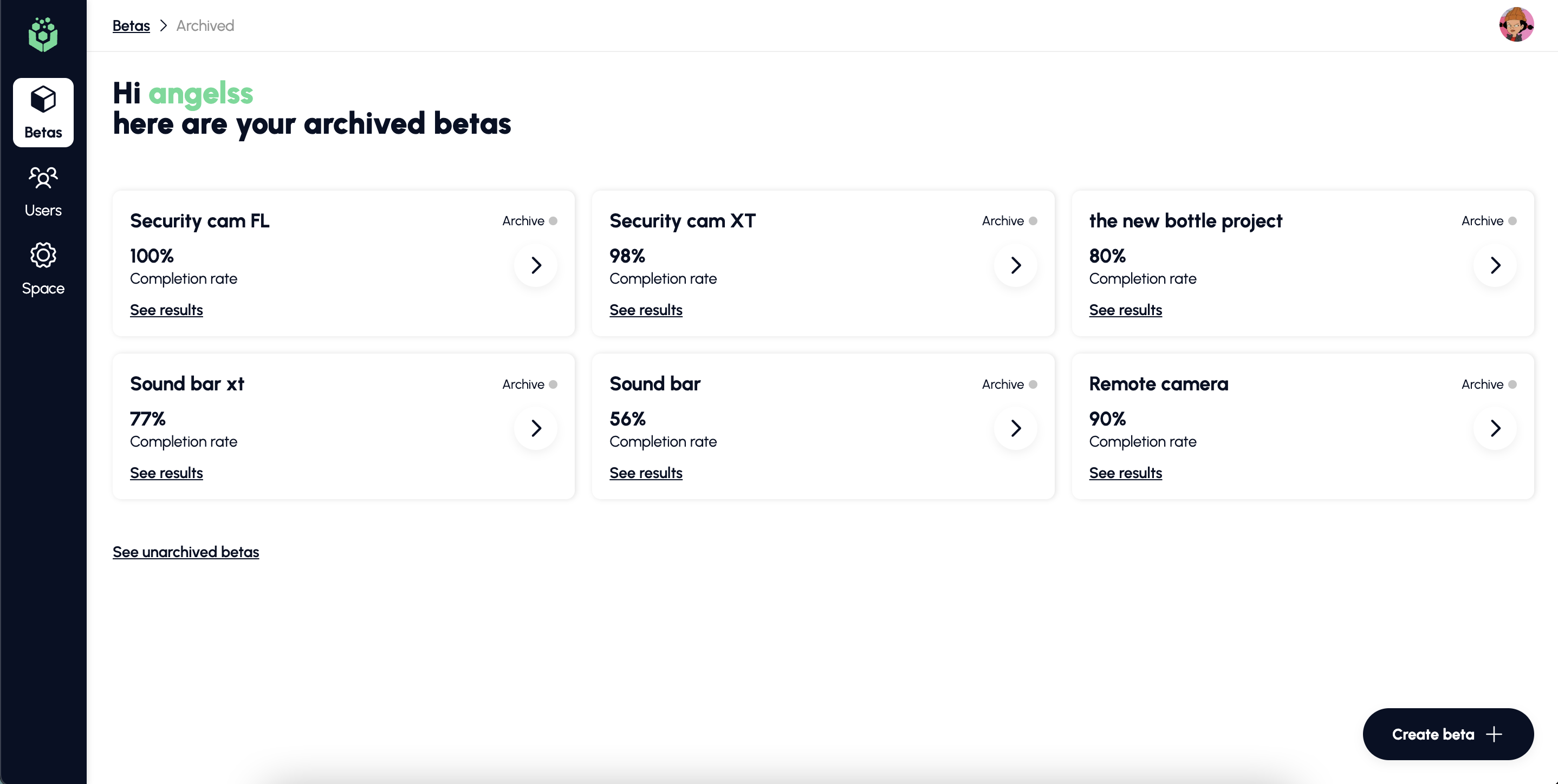 The archived betas screen, reached through breadcrumbs like every other beta state