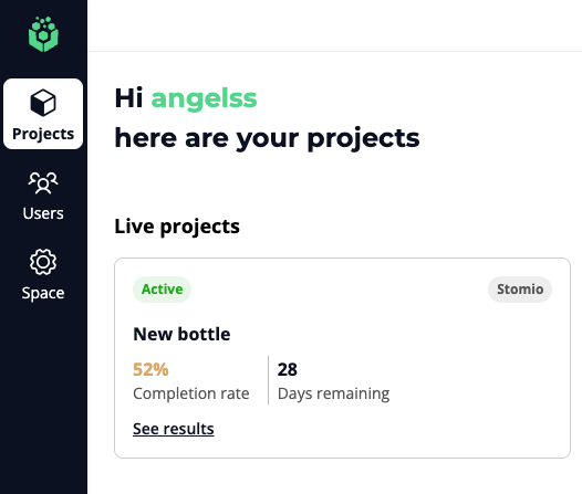 The home screen, with Betas renamed to Projects throughout the navigation