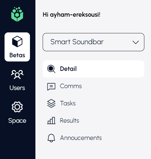 The beta's left navigation, listing Detail, Comms, Tasks, Results and Announcements under the beta name