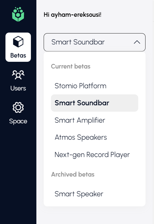The beta switcher in the left navigation, listing current betas above archived ones