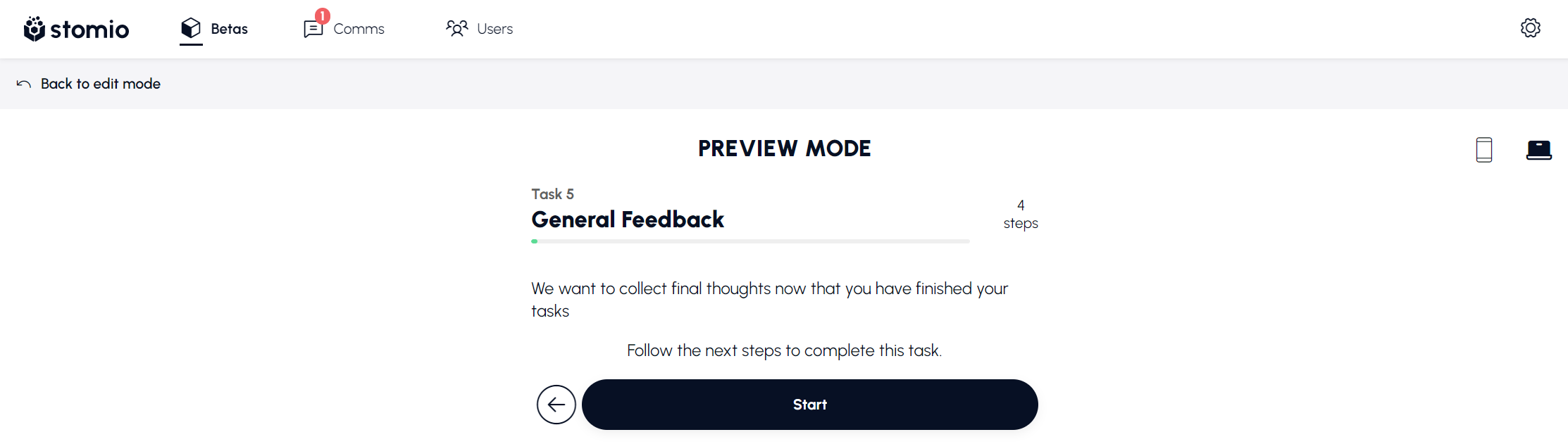 Preview mode, running a task the way a tester would see it, with a phone and desktop toggle