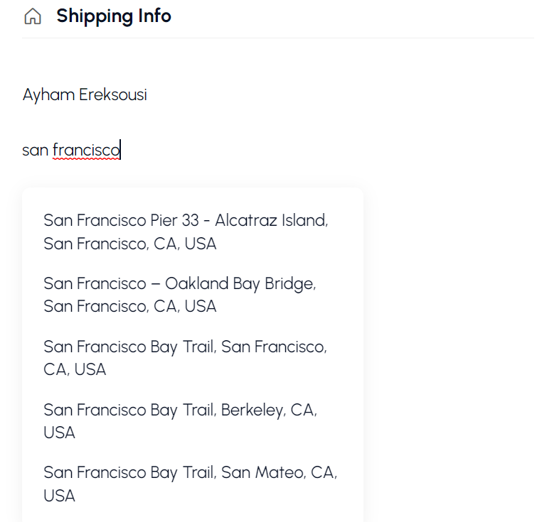 The shipping address field suggesting verified addresses as you type