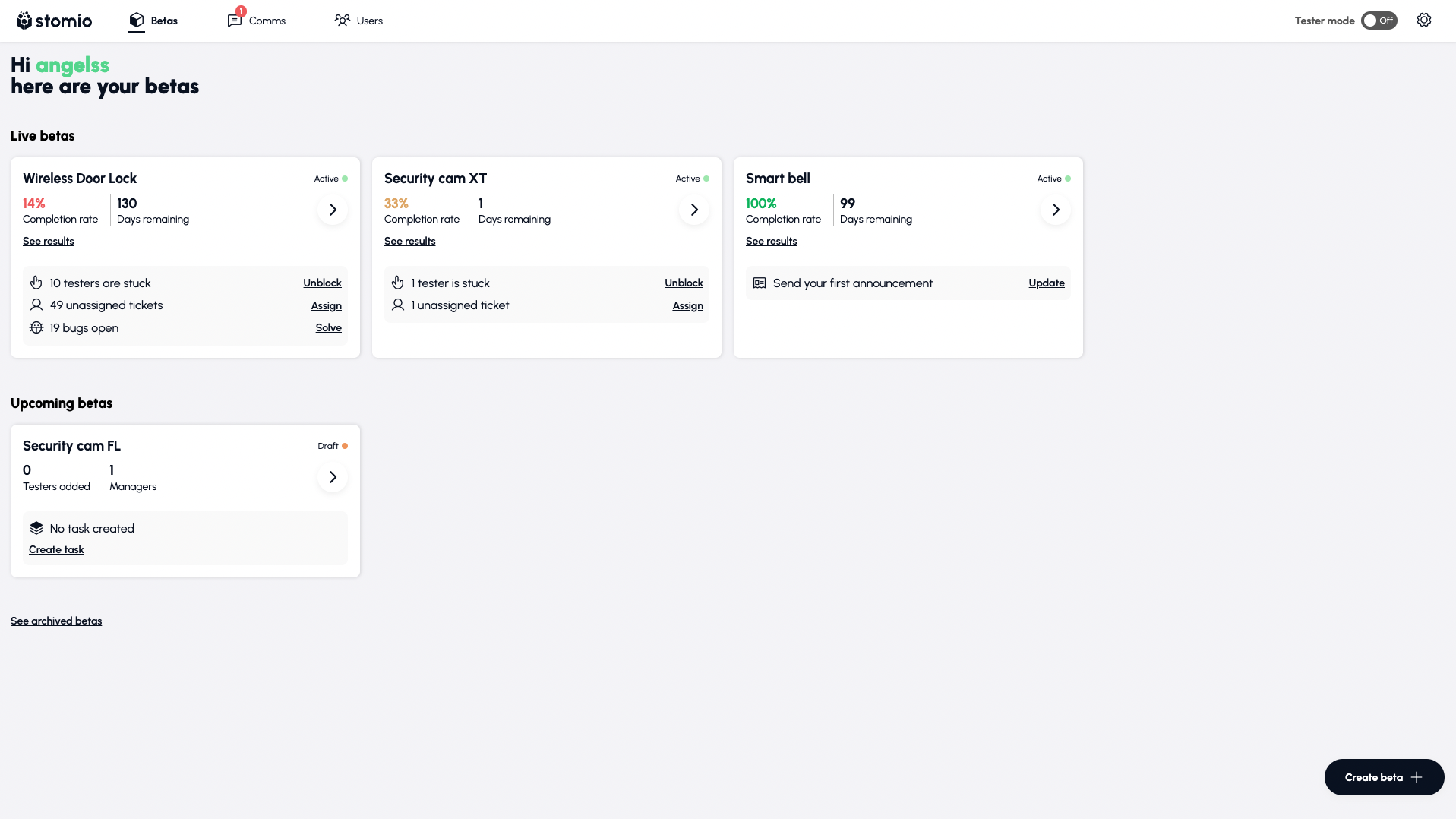 The home screen with betas grouped into live and upcoming, each card carrying its own quick actions