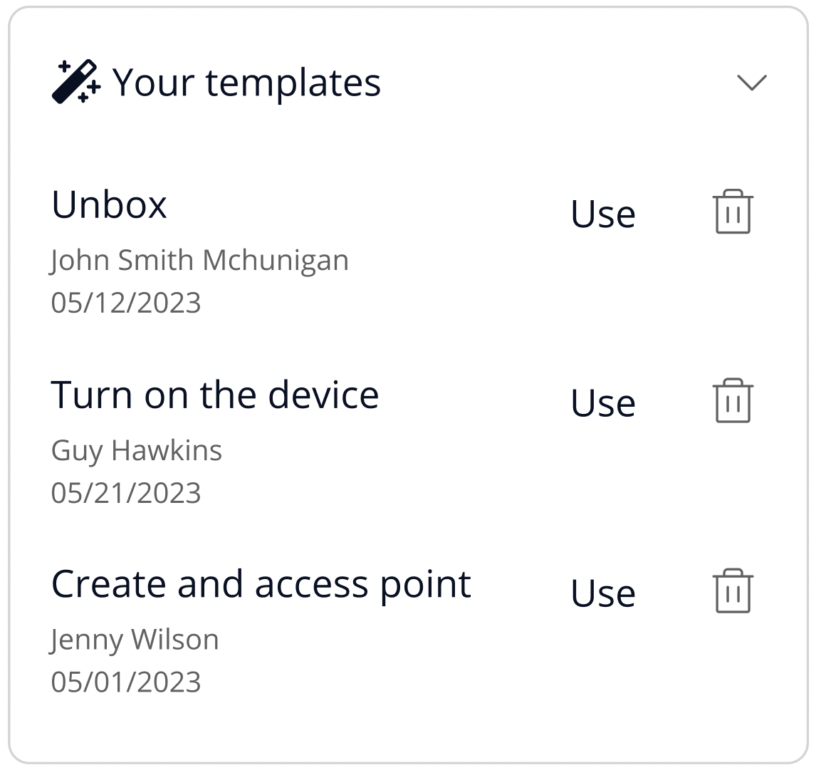 The templates list, each entry naming who created it and when