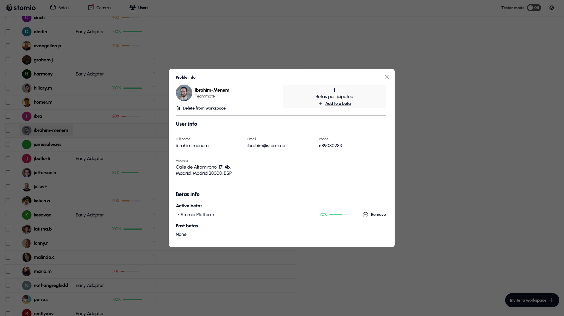 The profile popup that opens from a username, with contact details and the betas they are on