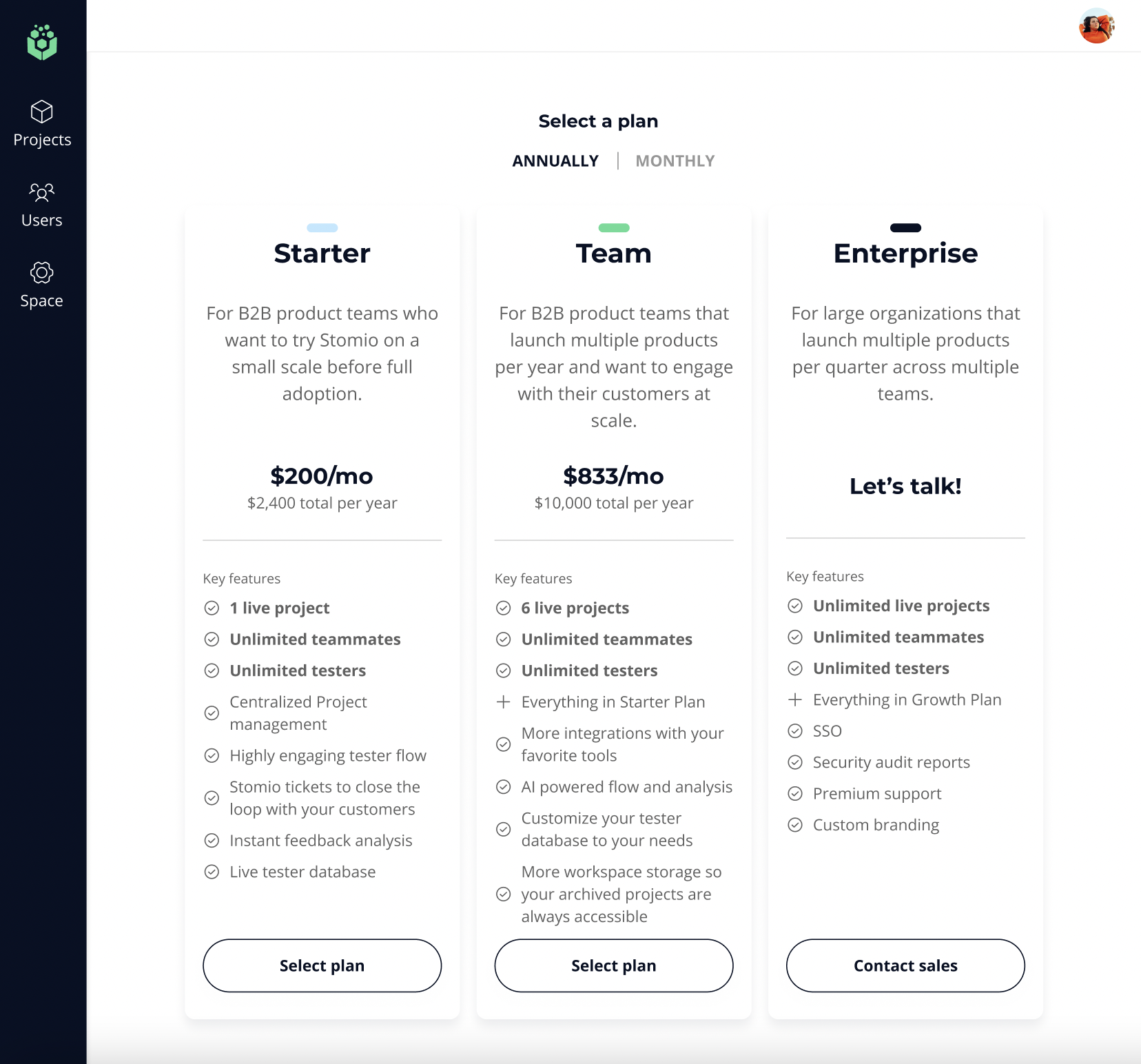 The plan selection screen, comparing Starter, Team and Enterprise