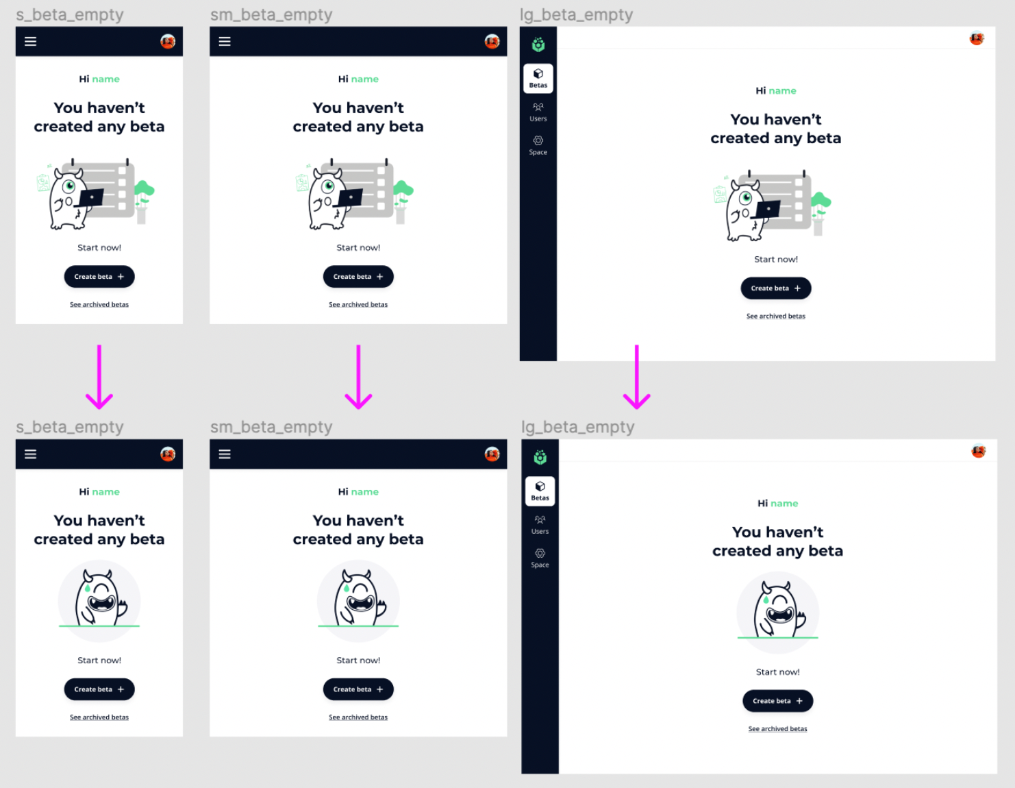An empty state at three screen sizes, before and after the new illustration